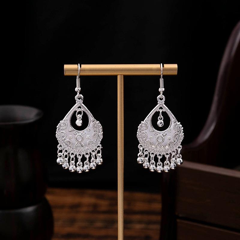 Miao geometric bells, fringed earrings, minority earrings, bohemian long leaf earrings