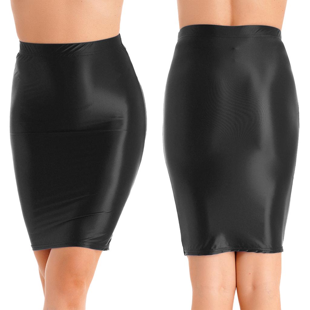Womens Glossy High Waist Pencil Skirt Stretchy Casual Solid Color Bodycon Skirts