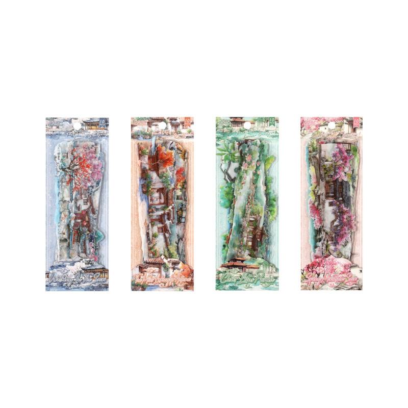 10 Sheets Chinese Ancient Style Landscape Long Strip Stickers Ink Wash Mountain & River Patterns for Scrapbook DIY Decoration