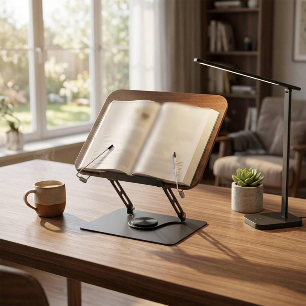 Desktop Reading Stand with Wooden Board Rotating for Desk, Office, Professionals