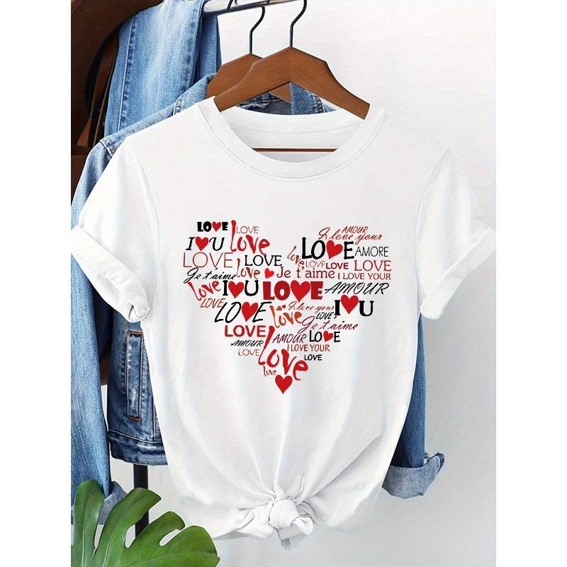 Europäische Größe Damen Lässiges Rundhals-T-Shirt mit "Ich liebe dich" Herz-Grafikdruck, Kurzarm, Weicher Polyesterstoff, Perfekt für alle Jahreszeiten
