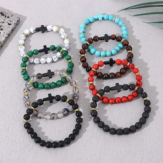 Temu Volcanic Rock & Turquoise Tiger's Eye Gemstone Elastic Bracelet