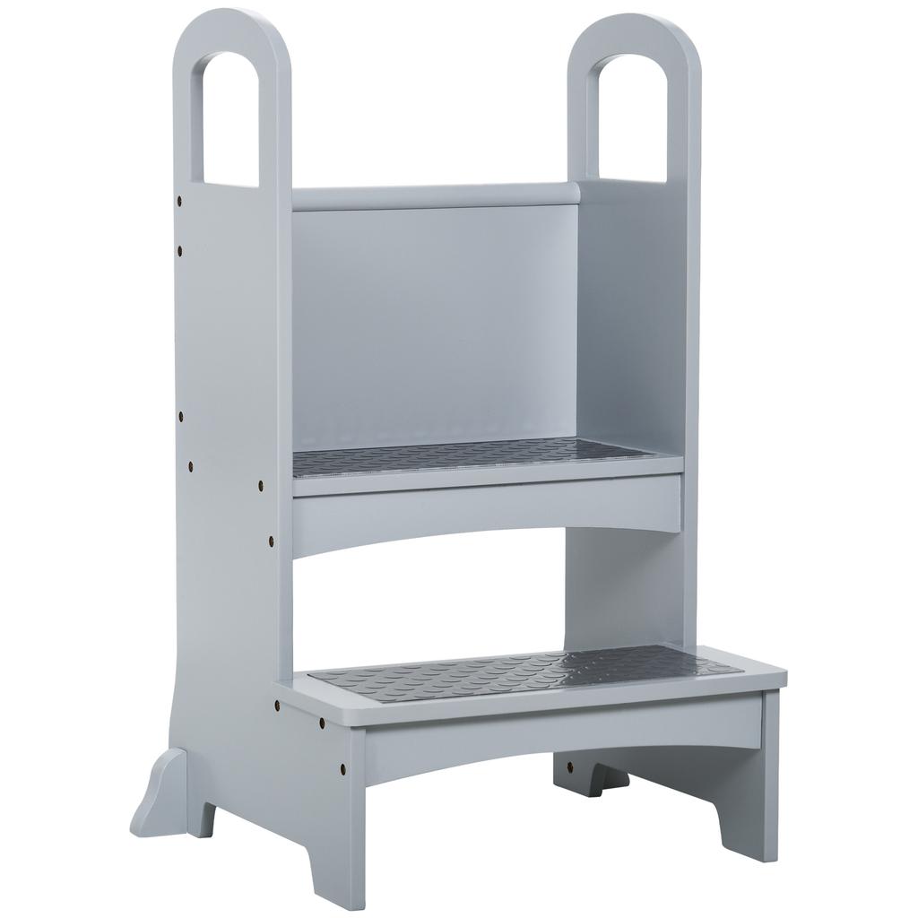 Kids Wooden Step Stool Kitchen Helper w/ Non-Slip Panels Handles Child Toddler Home Help 3 - 8 Yrs Grey