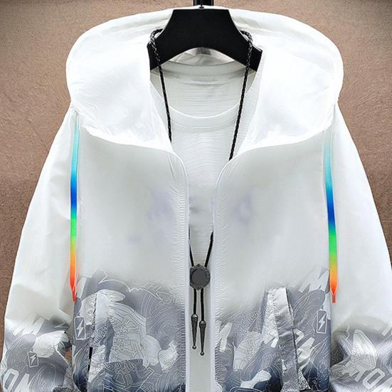 Men Sun Protection Clothing Hooded Long Sleeve Pockets Sunscreen Jacket Zipper Placket Shoes Print Quick Drying Windbreaker