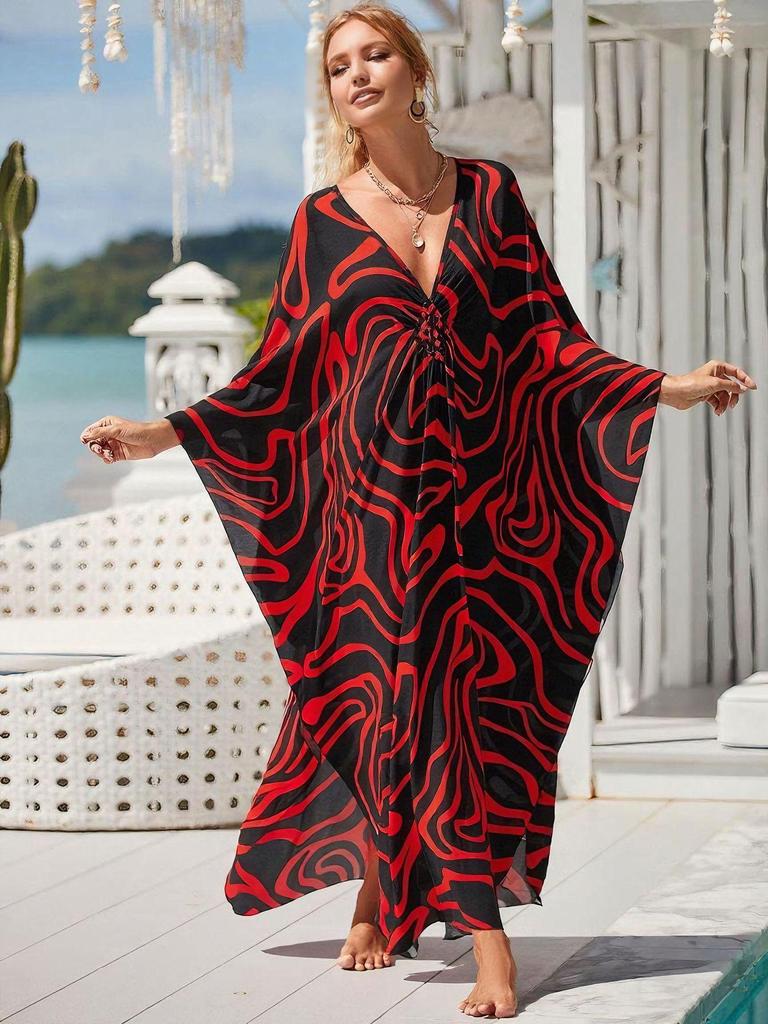 Evropské a americké viskózové potiskové plážové zakrývací šaty - Dlouhé, volné kimono k bikinám a plavkám pro ženy