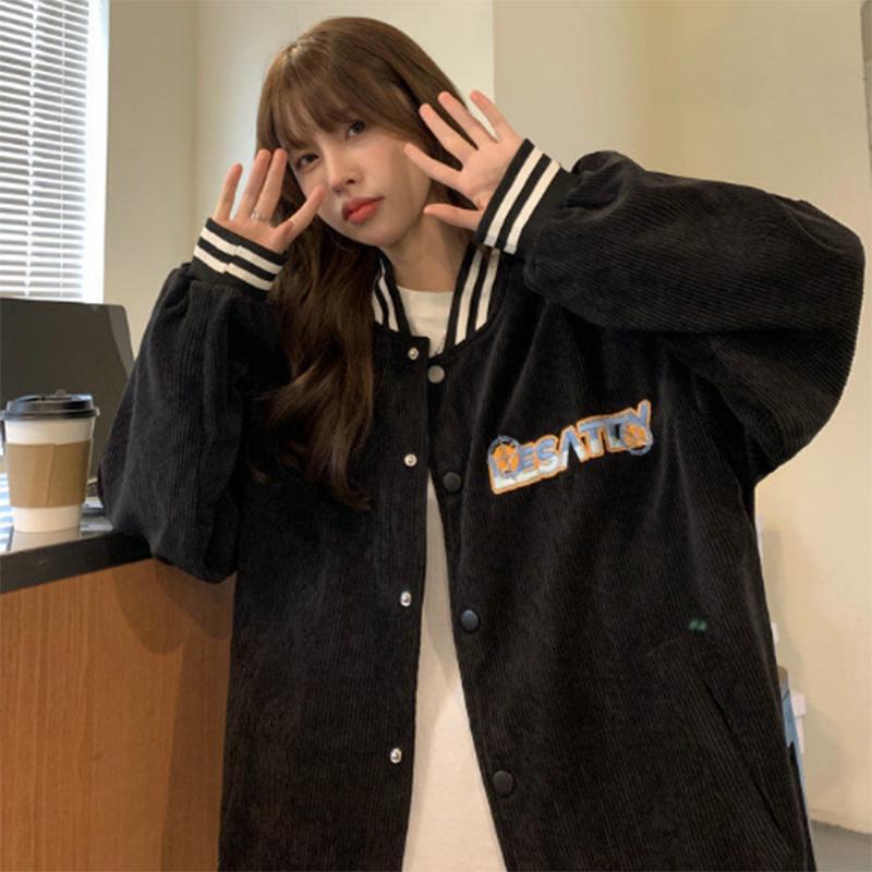 

Вельветовая куртка, женская весенне-осенняя бейсбольная форма, универсальная трендовая свободная спортивная куртка, топ XXL чёрный