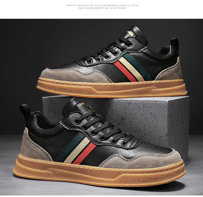 New Shoes for Men Genuine Leather Casual Shoes Trend Striped Flat Skateboard Shoes Youth Street Cool Sneakers