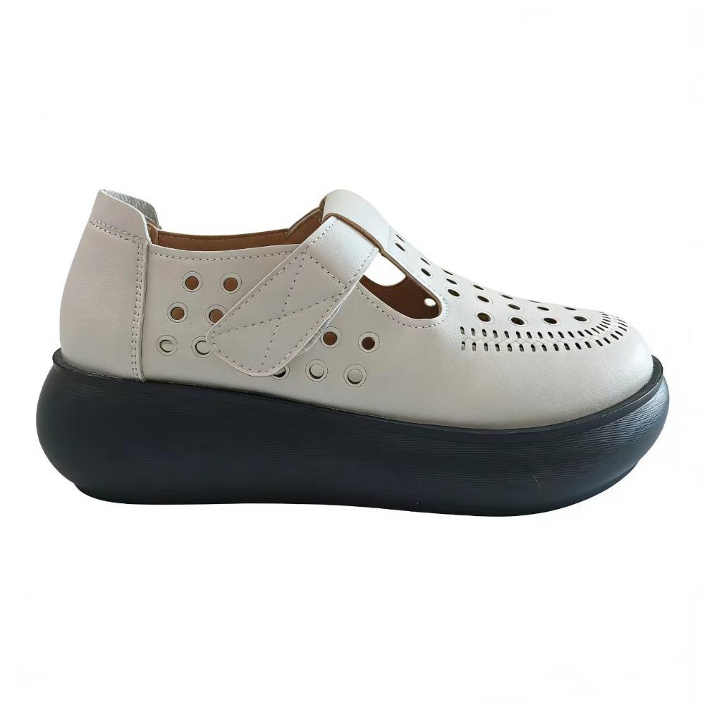 Sapatos Plataforma Mary Jane Femininos de Verão Vazados Respiráveis Recortados Casuais Aumentadores de Altura Sapatos Brancos 5cm Conforto Macio