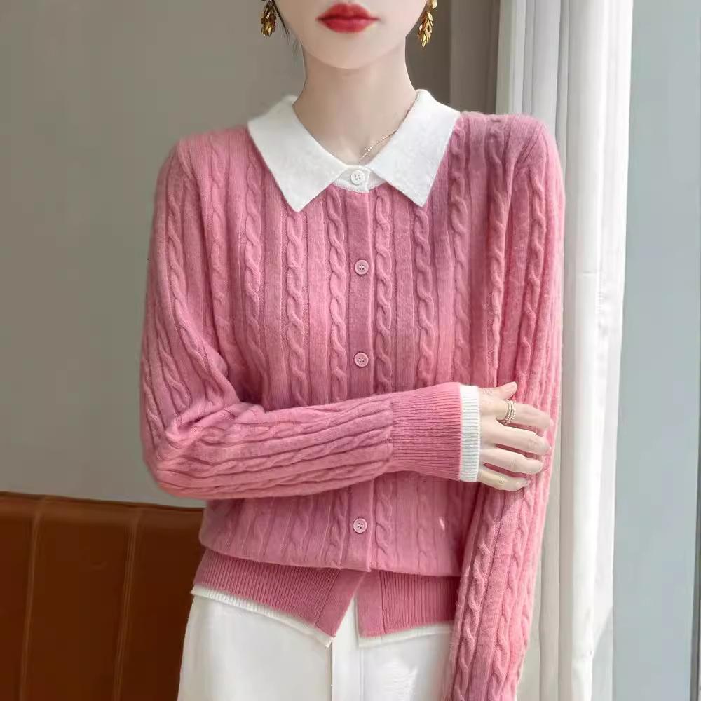 POLO Collar Small Twist Short Colour Blocking Knitted Cardigan Women's Pullover Sweater Bottoming Shirt Jacket