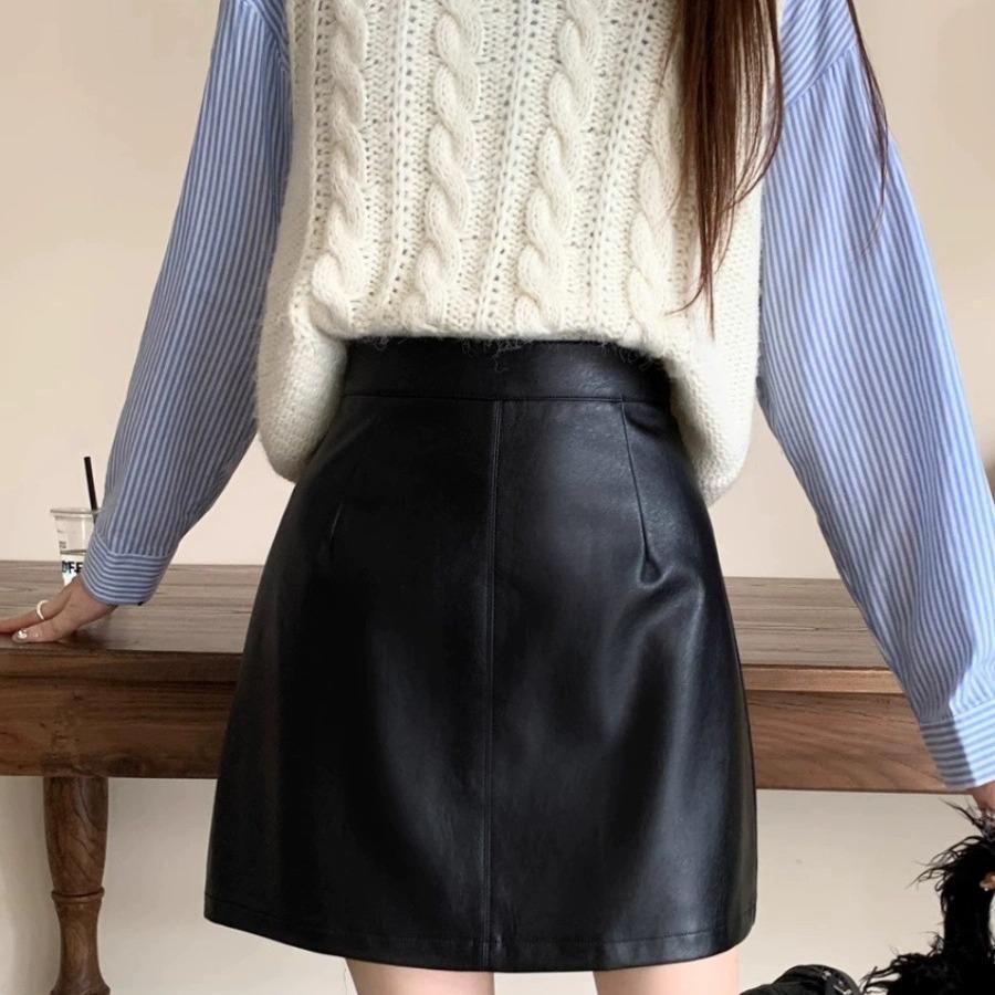 Chic Women's High-Waist A-line Leather Midi Skirt - Slimming & Versatile Spring Wear