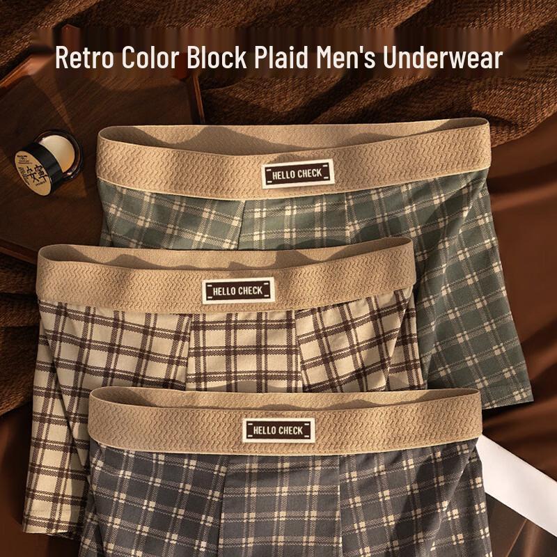 Men's Modal Cotton Antibacterial Retro Plaid Boxer Briefs 3-Pack