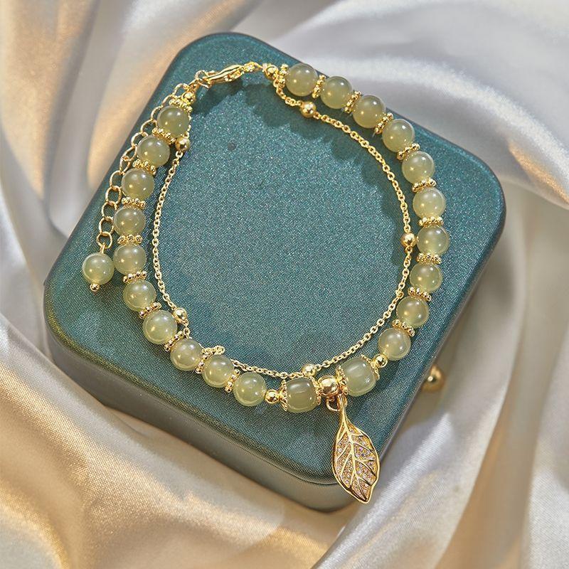 Double Layer Light Green Stone Gold Color Chain Bead Bracelelt For Women New Fashion Leaf Charm Strand Bracelet Daily Wear