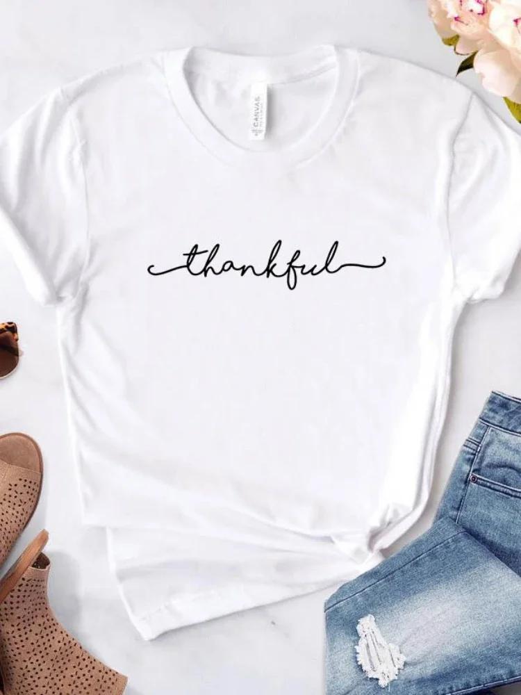 Thankful  Letter Print T Shirt Women Short Sleeve O Neck Loose Tshirt Ladies Summer Women Tee Shirt Tops Mujer