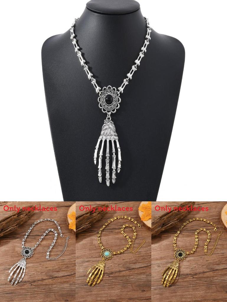 Gothic Skull Hand Pendant Necklace With Geometric Zinc Alloy Chains For Men And Women Halloween Accessory