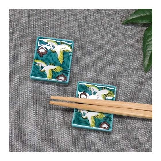 Kutani Ware Chopstick Rests - Elegant Pair Set with Crane Design, Ceramic Cutlery Rest, Made in Japan (Ishikawa Prefecture) - "Iroe Hashioki