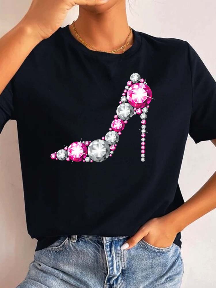 Maycaur New High Heel Wine Glasses Graphic Print T Shirt Women Funny Tshirts Casual White Short Sleeves Tops Tees Feamle Clothes