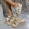 2024 Summer Fashion Open Toe Medium Heel Women's Slippers Hot Selling Solid Color Sequined Wedge Women's Beach Slippers