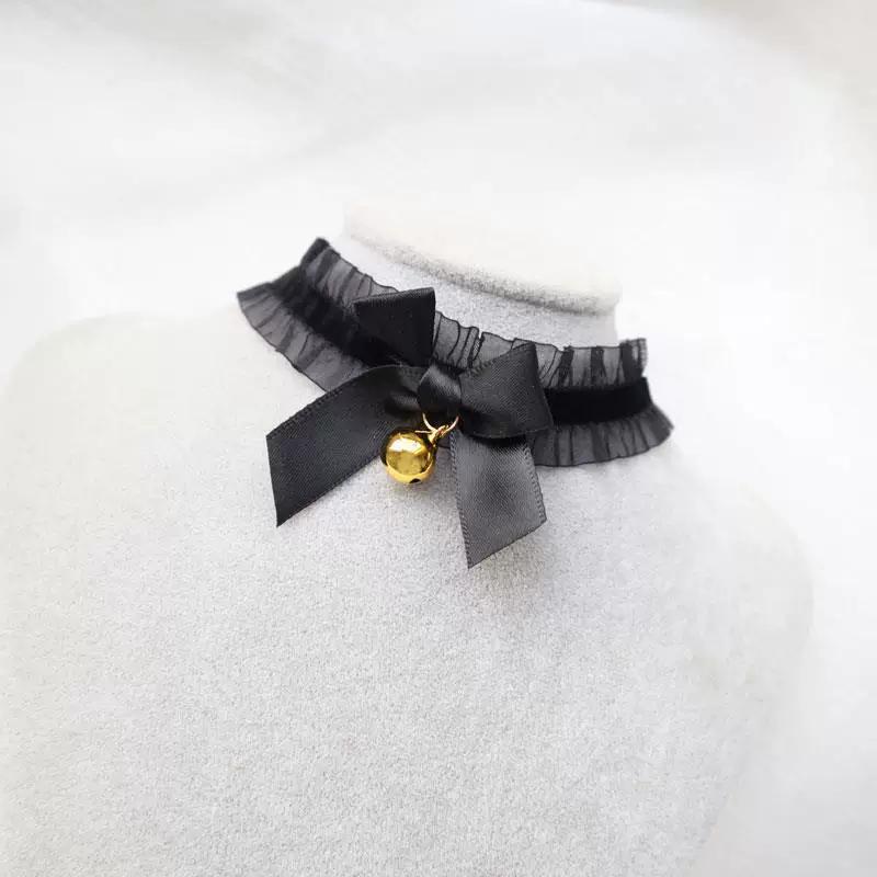 Lace Bell Choker Neck Collar with Wristband, Cute Cat Ear Maid Style Clavicle Chain Fashion Accessories