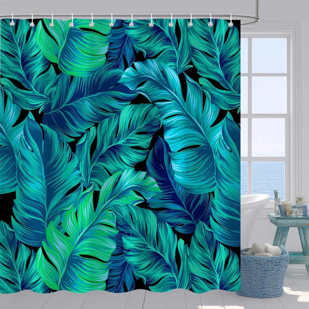 Tropical Palm Leaves Shower Curtain Green Banana Monstera Leaf Decorative Bath Curtain, Hawaiian Exotic Plant Jungle Bathroom