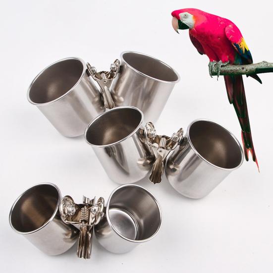 Bird Feed Can Cup with Clamp Stainless Steel Parrot Feeder Water Bowl Anti-Gnawing Easy