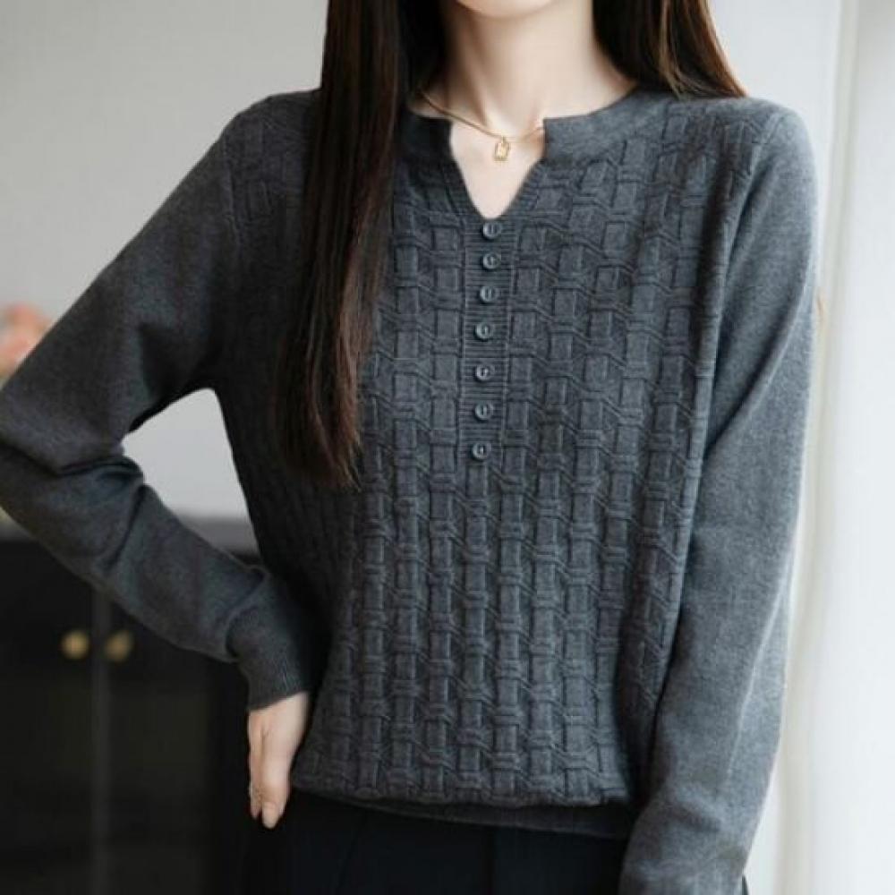 Navava Women Button Point Split Neck Long Sleeve Knit Tee Nk3322