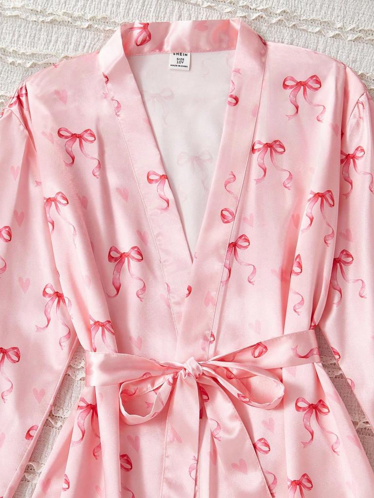 Satin-Pyjama-Set für Mädchen, 4-teilig, mit Schleifenmuster, Nachtwäsche, Bademantel, Cami-Top, Shorts, Hose, 8-12 Jahre, Kinder, Weiches Nachthemd-Set für Schlafzimmer, Geburtstagsgeschenk