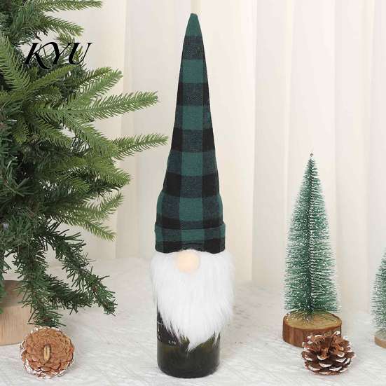 Holiday Home Gift Presentation Christmas Wine Bottle Cover, Fluffy Artificial Beards Decor, Plaid Gnome Seasonal Accessories Toppers for Table