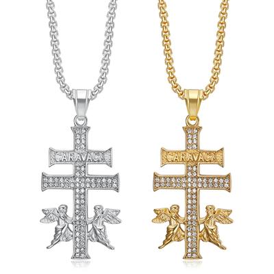Hot Selling Hip Hop Jewelry Titanium Steel Gold Plated Diamond Angel Cross Pendant Necklace