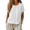 Womens Button Down Short Sleeve Blouse Loose Fit Casual Linen Shirt Crew Neck Lightweight Summer Top