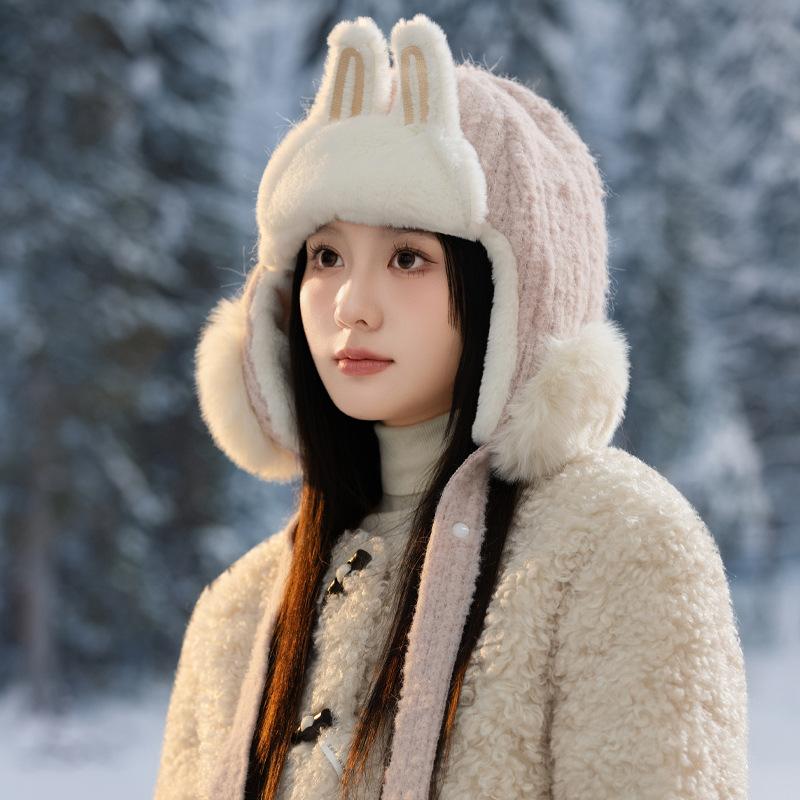 Sweet and Versatile Three dimensional Rabbit Ear Plush Lei Feng Hat Autumn and Winter Outdoor Leisure Windproof Ear Protection Hat Cute Warm Hat