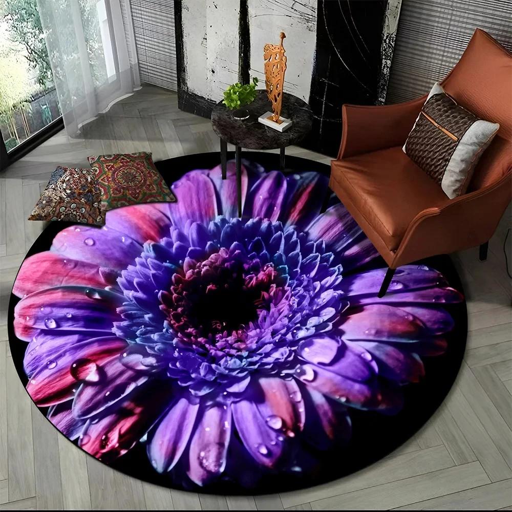 3D Luxusný koberec Flower Rose Daisy Nordic Okrúhly koberec do obývačky Spálňa Dekor stoličky do detskej herne, Protišmyková podložka pre domáce zvieratá