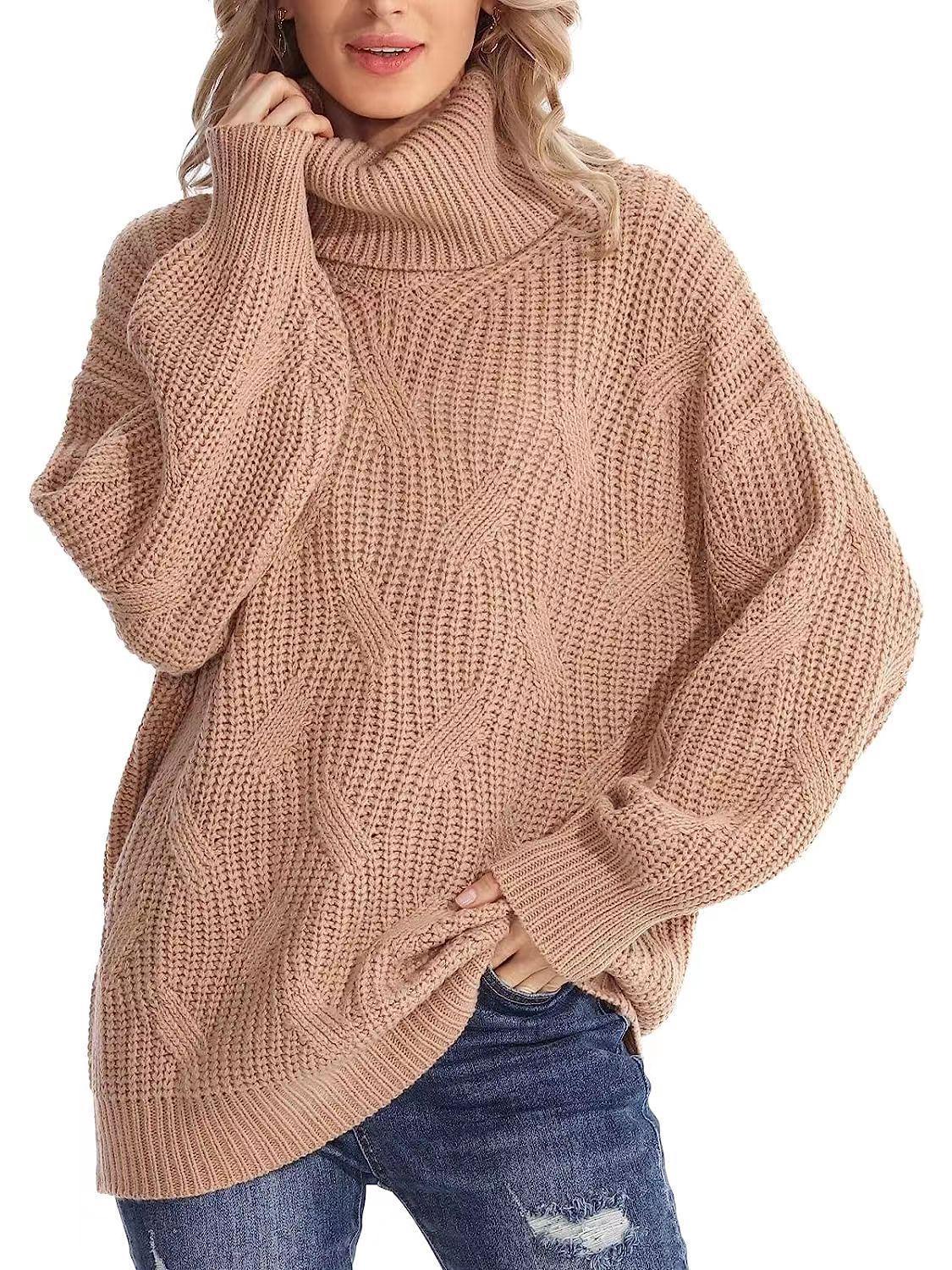 

Женский свободный свитер-пуловер с высоким воротником и кабельной вязкой, Осень/Зима 2024 M хаки