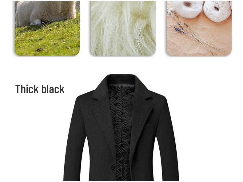 Men's Long Wool Coat with Suit Collar and Thick Cotton Lining