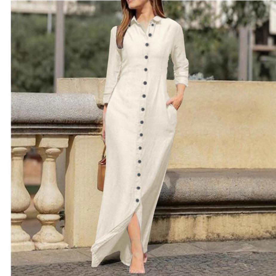 Elegant European & American Women's Long Sleeve Cotton Linen Cardigan Dress