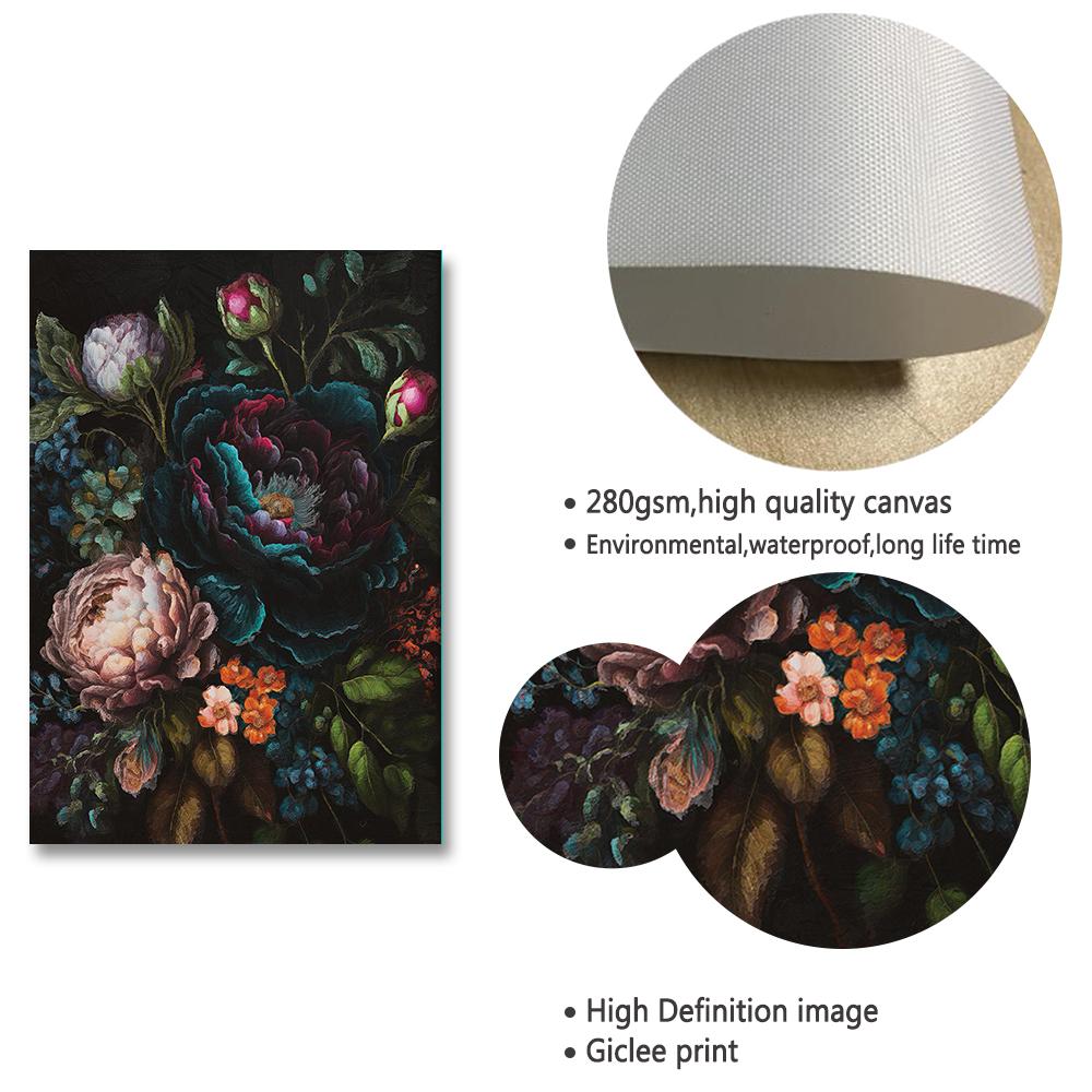 Light Dark Floral Vintage Oil Painting on Canvas Poster Still Life Botanical Floral Fauna Print Gallery Wall Art Picture Decor