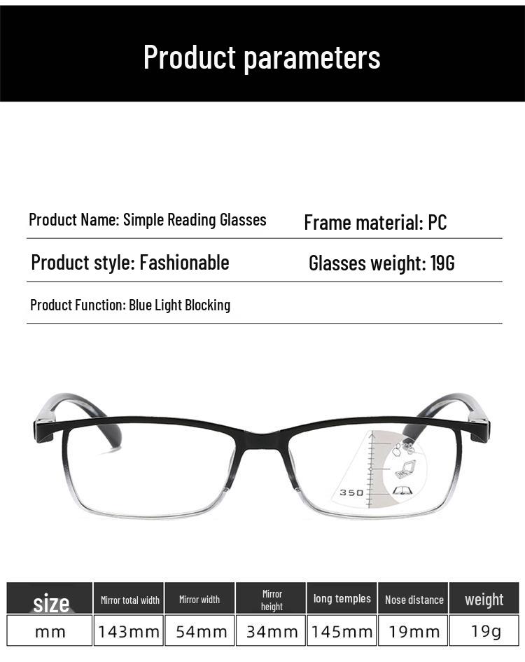 Progressive Multifocal Reading Glasses: Anti-Blue Light, PC Frame, High-Volume, Suitable for Distance & Near Use