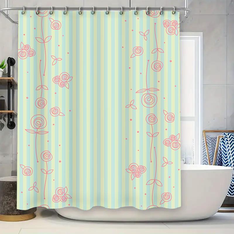 

Modern Bathroom Decor: Striped Floral Shower Curtain For Home Bathrooms Soft Fabric Waterproof Curtains In Mint Green White Colo W60H190(CM)-1 Pcs