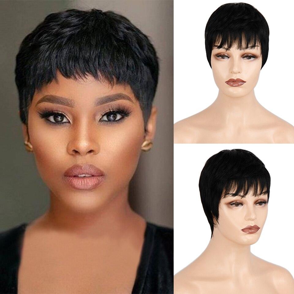 

MISSQUEEN Модный женский короткий черный прямой парик из натуральных волос, полный парик из натуральных волос, термостойкий парик для повседневного ношения 6inches