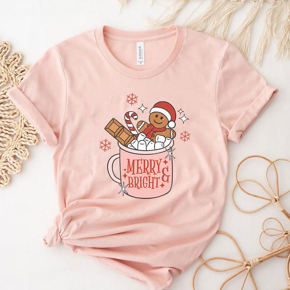 Gingerbread Retro Merry T Shirt Cute Xmas Tshirt Christmas Graphic T Shirts Merry Christmas Tee Womens Holiday Tops