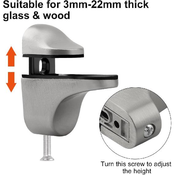 4Pcs Glass Shelf Brackets, Glass Clamp Wall-Mounted, Glass Shelf Holder, Floating Wood and Glass Bracket, Adjustable Glass Shelf Bracket For