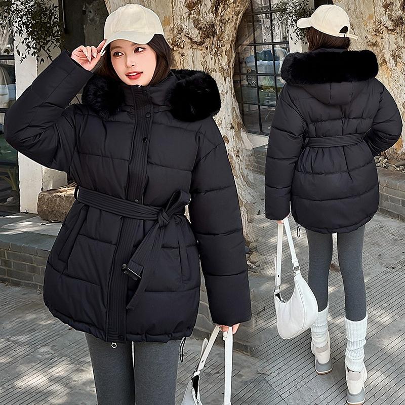 Large Fur Collar Belt Down Cotton Jacket for Women Winter Waist Belt Slimming Thick Sweet Coat