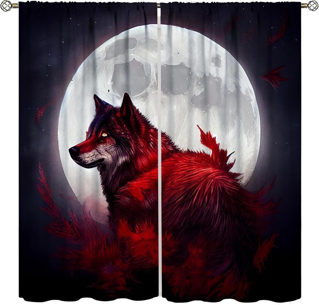 Wolf Curtains,Howling Wolf Aurora Nature Scenery Drapes for Boy Girls Bedroom Living Room Kitchen Window Treatment 2 Panels Set