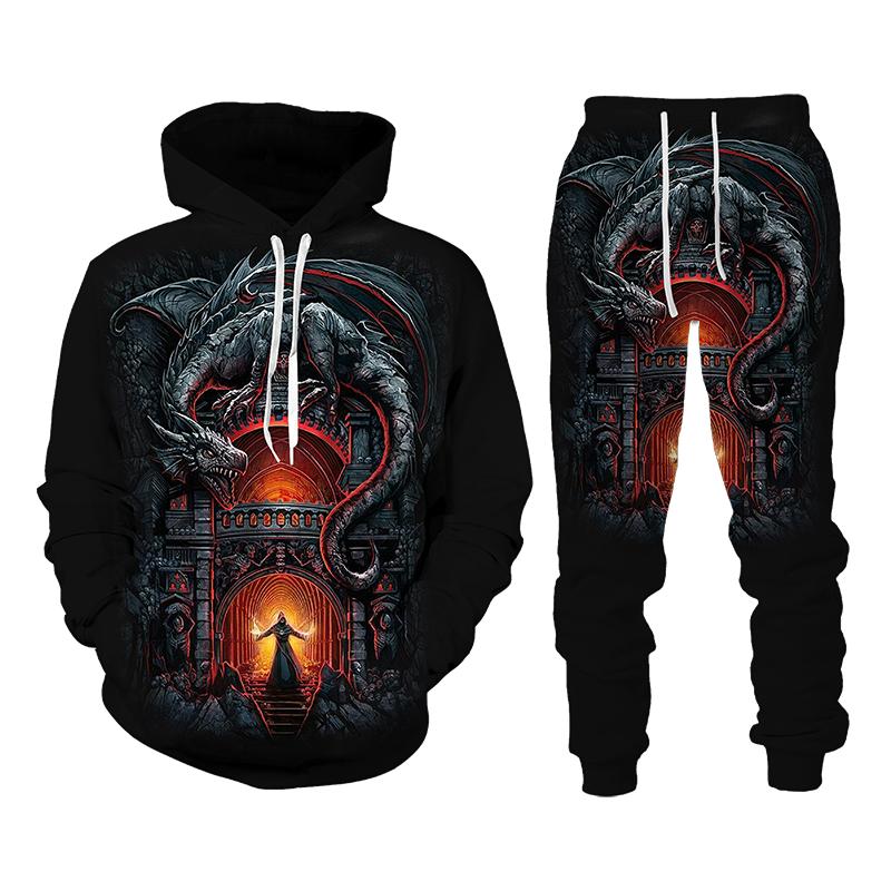Vintage Gothic Skull Pattern 3D Print Men Tracksuit Sets Casual Hoodie+Pants 2pcs Sets Oversized Sweatshirt Trend Men Clothing