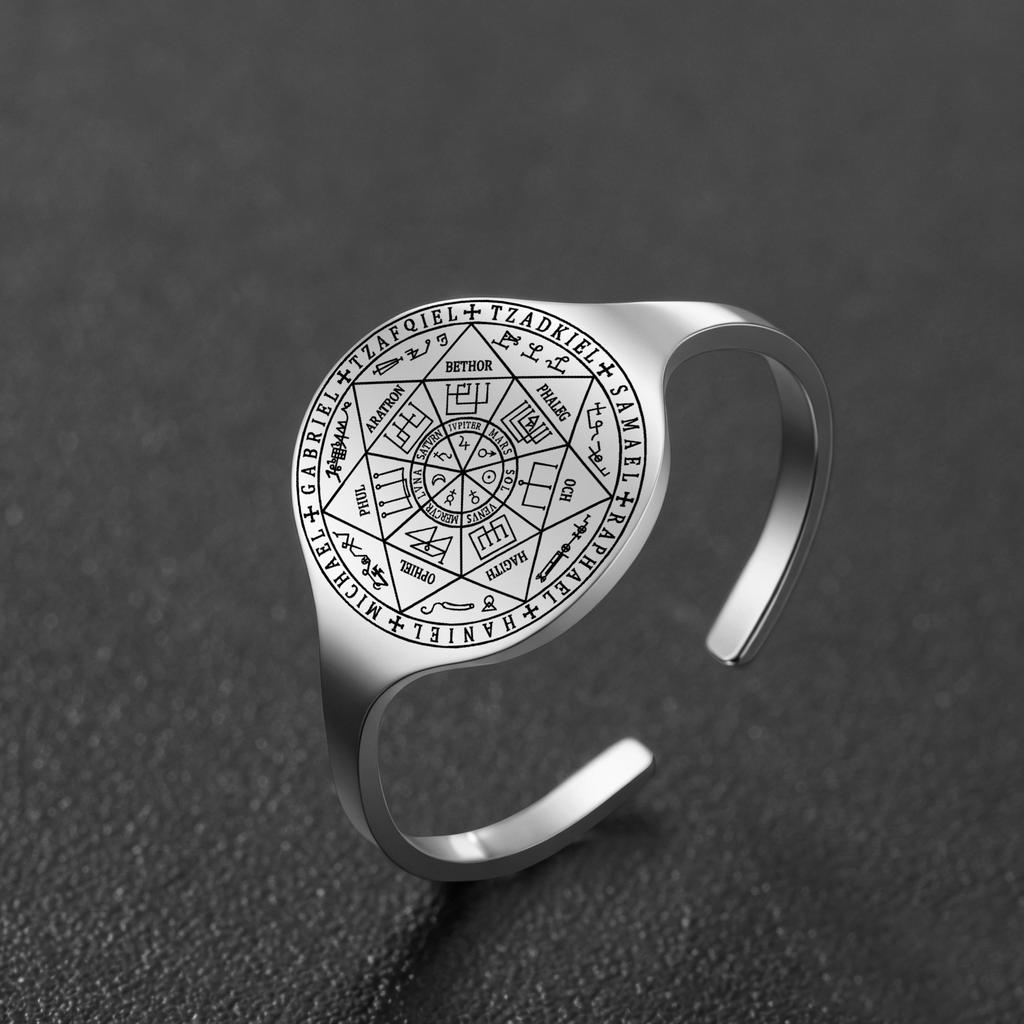 Edelstahl Siegel der Sieben Erzengel Verstellbarer Offener Ring Kabbala Salomon Göttlicher Schutz Talisman Amulett Damenring