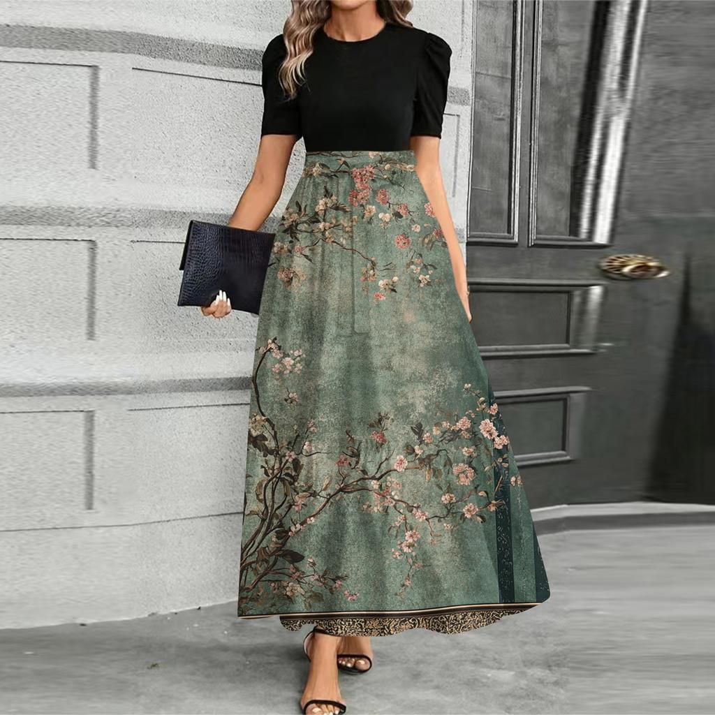 Women's Fashionable Casual Belt Short Sleeved Round Neck Print Elegant Temperament Dress