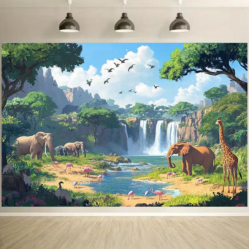2D Nursery Room Background Cloth Wild Africa Elephant Giraffe Banner for Decor