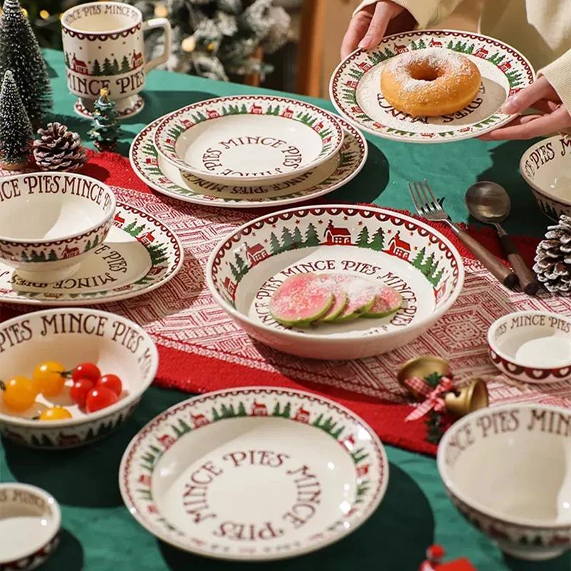 Ceramic Christmas Tableware Set with Handle, Soup Plate, Dinner Utensil, French Letter Cup, Steak Tray, Salad Bowl, Household