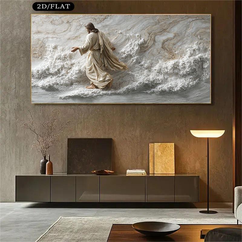 Christus geht auf dem Wasser - Leinwandbild, rahmenlose Wanddekoration, geeignet für Wohnzimmer, Schlafzimmer, Kirchenveranstaltungen - Spirituelle Wandkunst, Geschenk