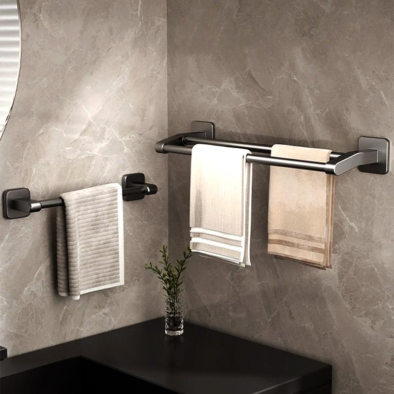 Siyah Banyo Havlu Rafı Askısı Kendinden Yapışkanlı Uzay Alüminyum Banyo Havlu Askısı Çubuğu Çift Çubuk Mutfak El Havlusu Askısı