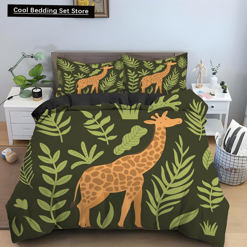 Cartoon Giraffe King Queen Duvet Cover Kids Girls Boys Animal Bedding Set Wildlife Quilt Cover 2/3pcs Polyester Comforter Cover